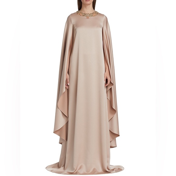 $980 TERI JON BY RICKIE FREEMAN Satin Maxi Dress In Blush. Size 10 - Picture 1 of 12